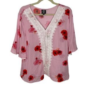 Bobeau Pink and Red Lace Floral Shirt 3/4 Sleeve Lightweight Casual Top medium